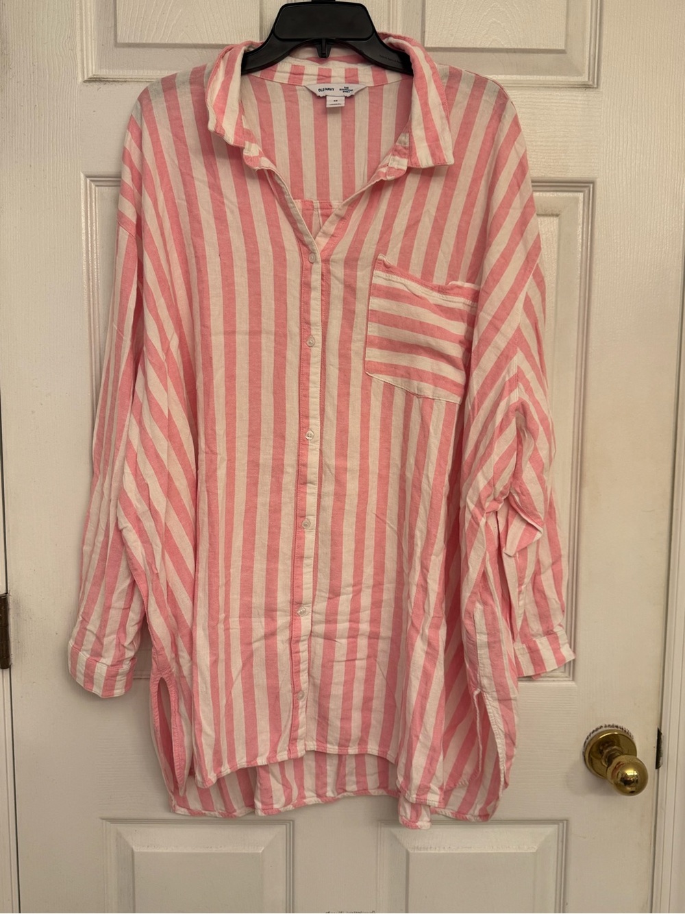 Old Navy Pink and White Striped Linen Blend Boyfriend Shirt